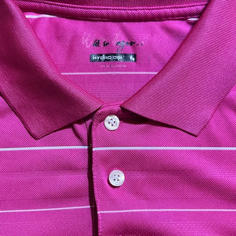 Walter Hagen Men Large Pink Stripe Hydro-Dri Golf‎ Performance Short Sleeve Polo